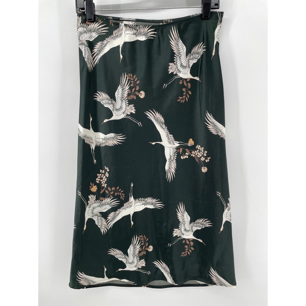 Pleione Midi Skirt Womens Small Black Bird Print Satin High Waist Whimsical Chic